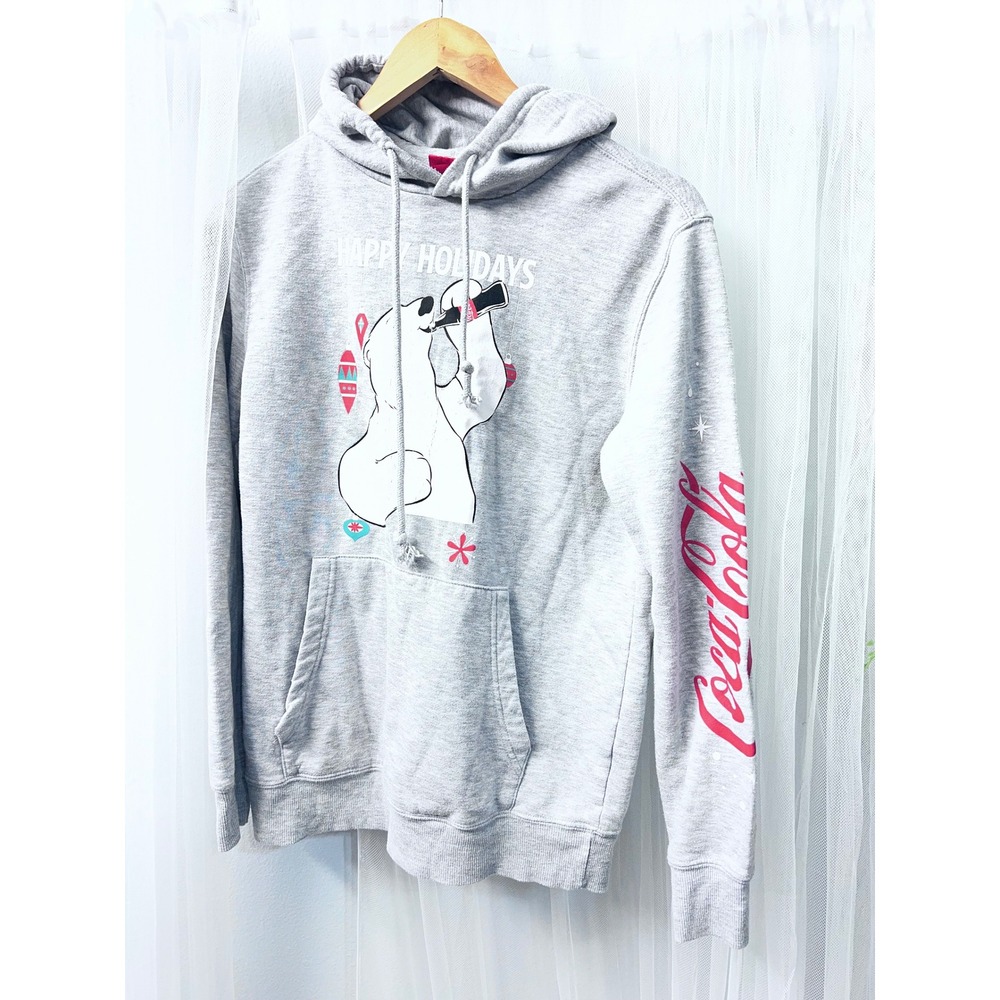 Coca-Cola Mens Happy Holidays Polar Bear Hoodie Heather Gray Logo Sleeve SM